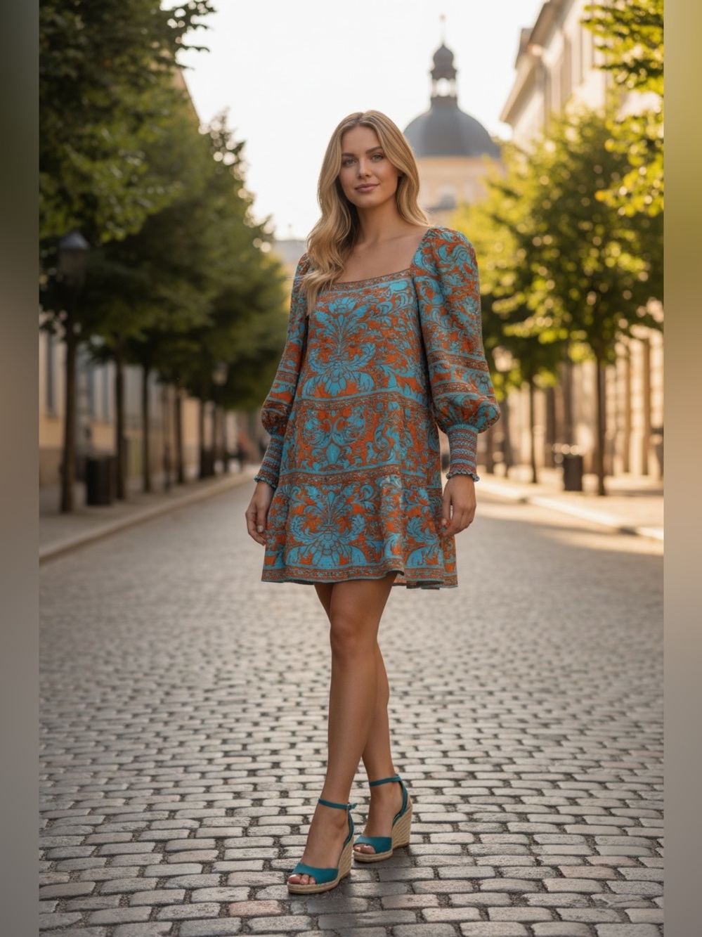 Alice + Olivia Teal and Rust Floral Square-Neck Puff-Sleeve Mini Dress size L